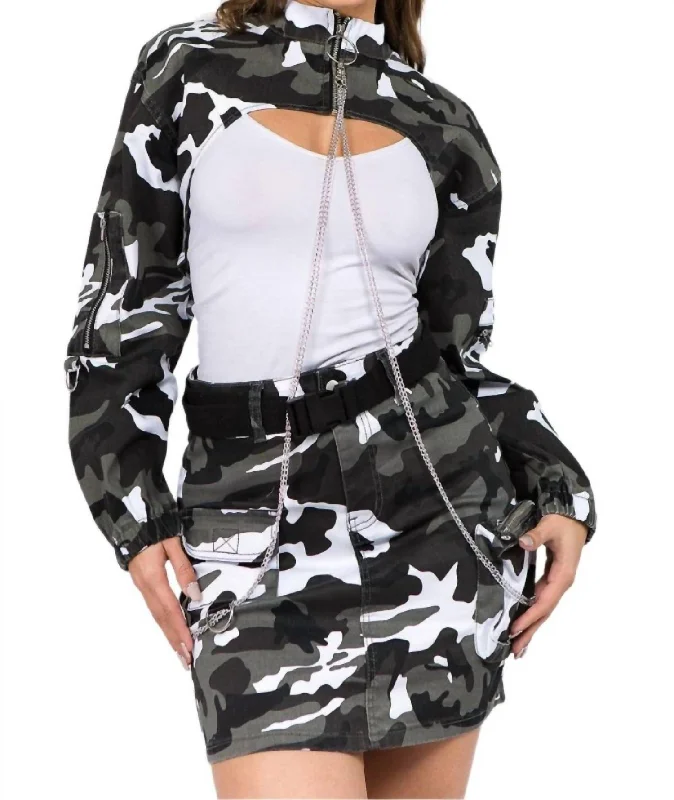 women's cropped bomber jacket -Edgy Camo Cropped Jacket With Chains In City Camo