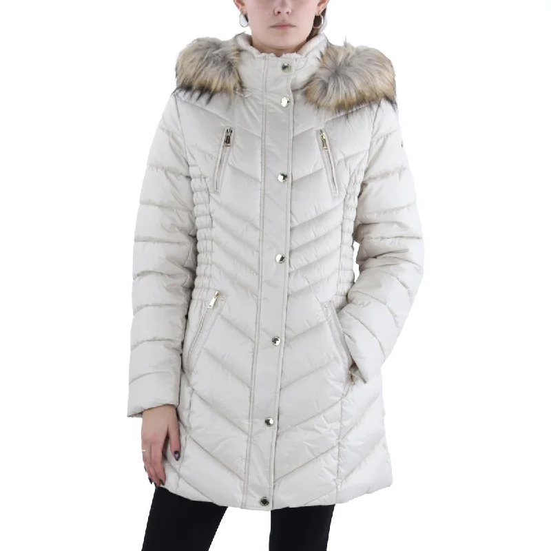 ladies' insulated ski jacket -Womens Faux Fur Trim Hooded Puffer Jacket