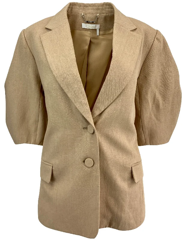 stylish leather jacket for women -Chloé Baloon Sleeeve Linen Jacket in Pearl Beige