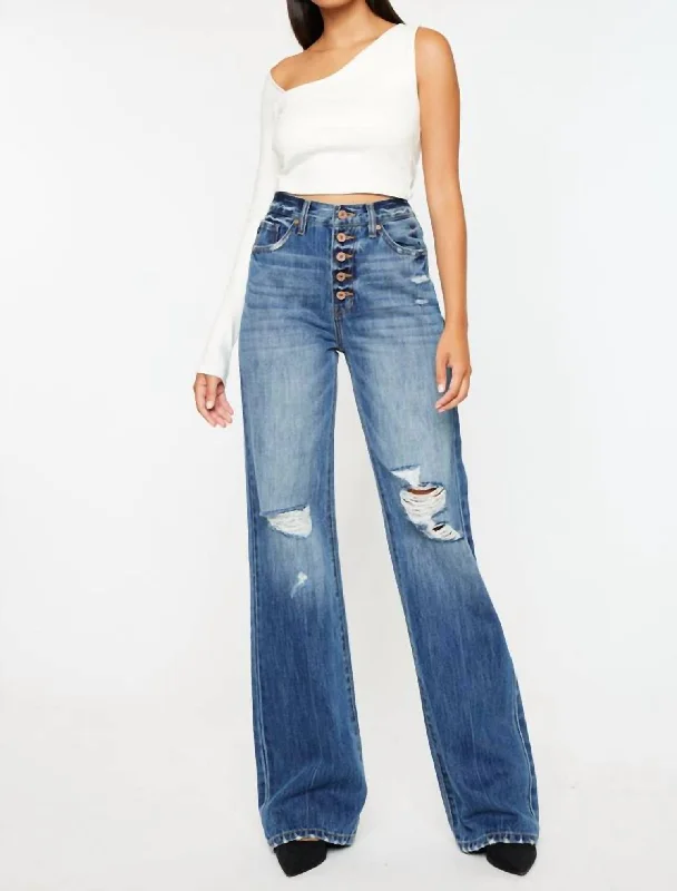 women's raw hem jeans -Ariena 90S Flare Jeans In Medium Wash