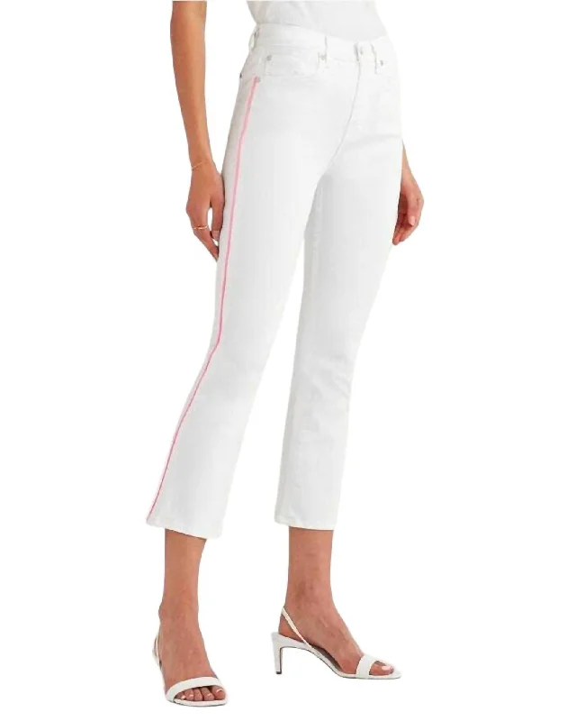 women's extra-stretch denim jeans -High Rise Flare Crop Pink Piping Jeans In White