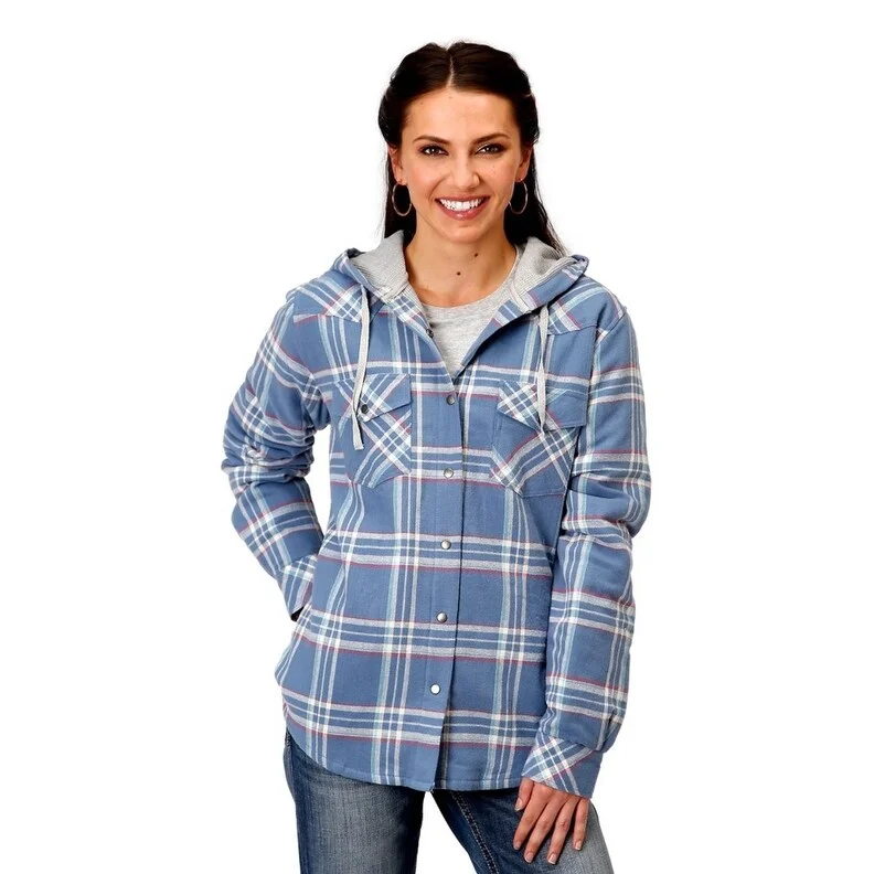 warm padded coat for women -Roper Western Jacket Womens Shirt Jac Plaid Snap 03-098-0119-3695 BU