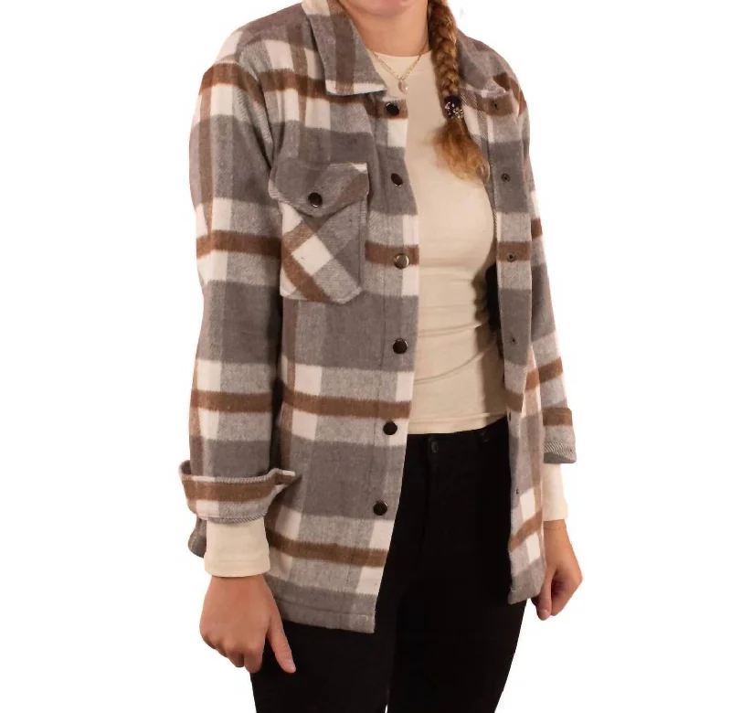 women's relaxed boyfriend blazer -Cassidy Classic Plaid Shacket In Grey/tan