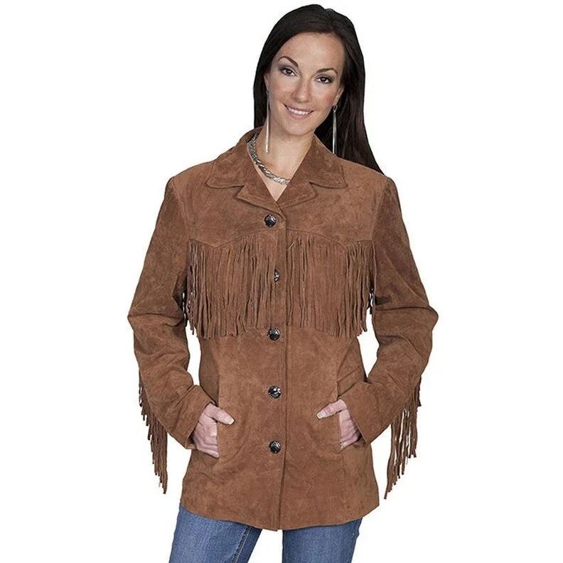 cozy teddy coat for ladies -Scully Western Jacket Womens Leather Fringe Button Front F0_L74