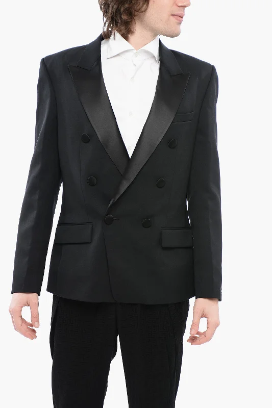 ladies' soft knit cardigan coat -Balmain Double-Breasted Stretch Wool Blazer With Satin Lapel