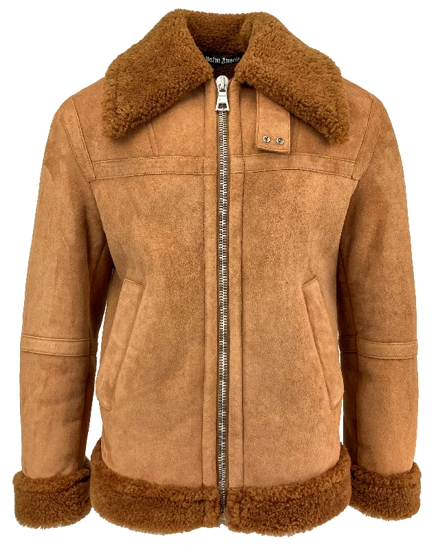 double-layered long coat for women -Palm Angels University Shearling Jacket in Brown Beige