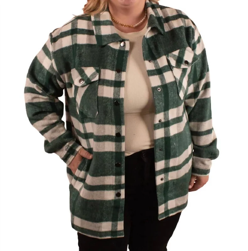 ladies' quilted coat -Cassidy Classic Plaid Shacket In Green/grey