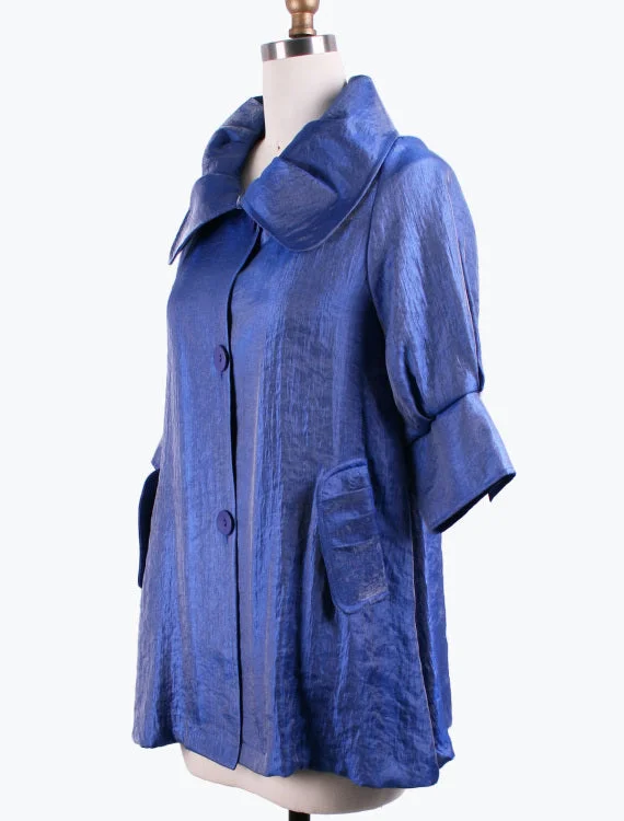 versatile trench coat for ladies -DAMEE NYC ROYAL BLUE LONG SWING JACKET WITH POCKETS 200