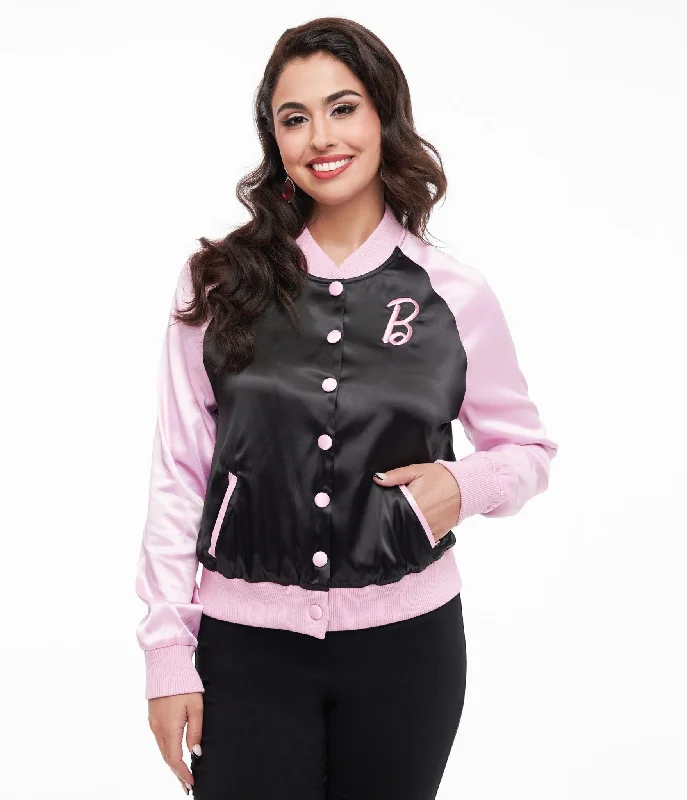 women's mid-length wool coat -Barbie x Unique Vintage Pink & Black OG Barbie Long Sleeve Bomber Jacket