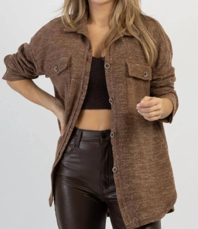 ladies' faux suede jacket -Woodstock Relaxed Shirt Jacket In Cocoa