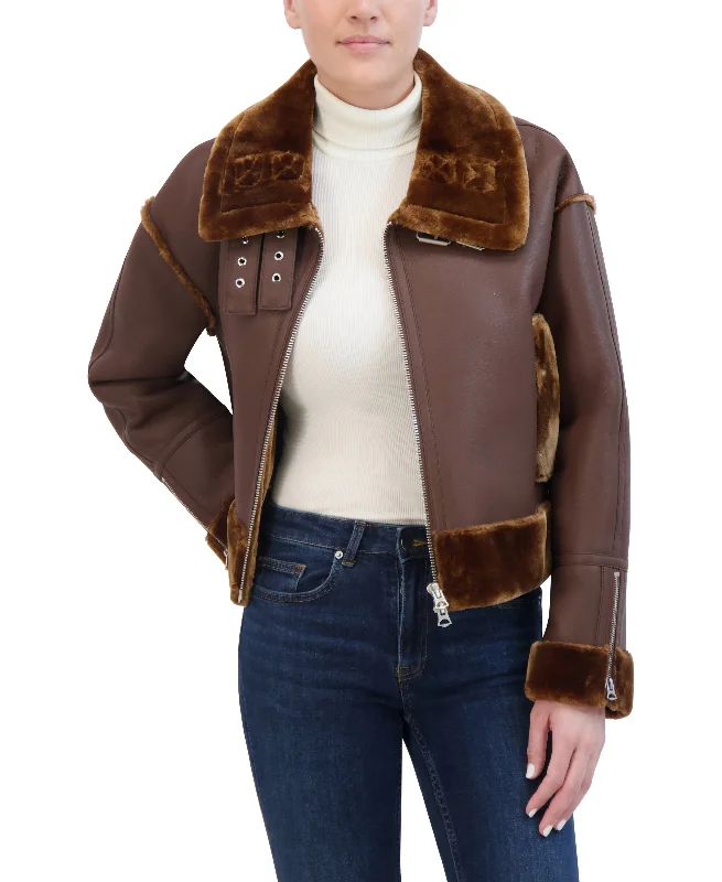 women's asymmetrical zip jacket -Hudson Jeans Women's Cropped Faux Leather Shearling Aviator Jacket