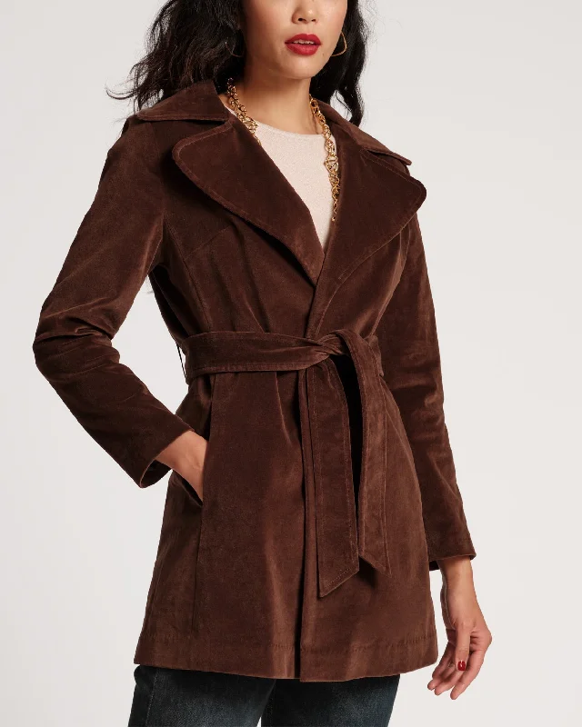 casual coats for women -Sergeant Stretch Velvet Belted Jacket Chocolate