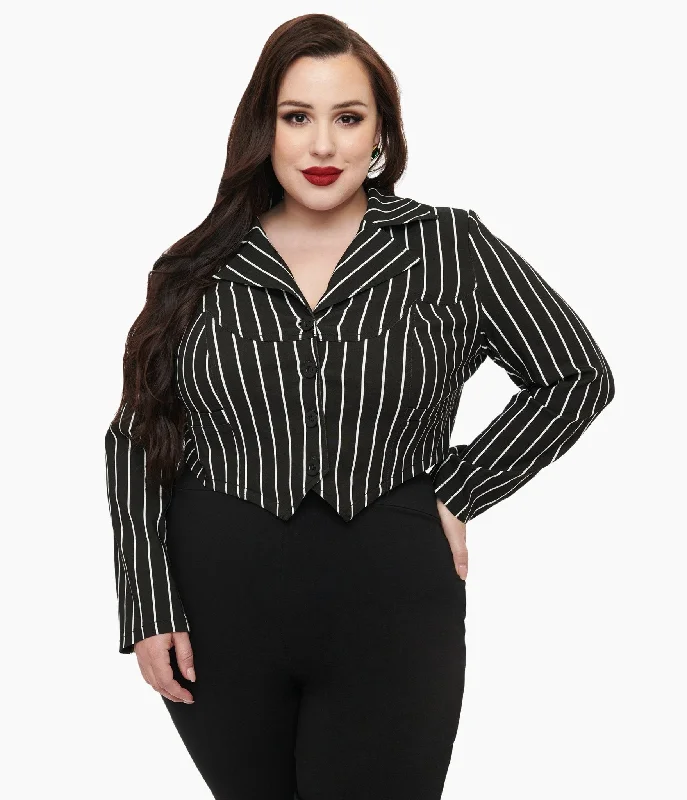 professional work blazer for women -Tim Burton’s The Nightmare Before Christmas by Unique Vintage Plus Size Black & White Stripe Jack Skellington Western Jacket