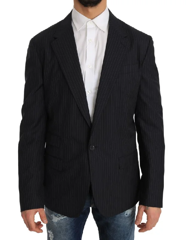 sophisticated evening coat for women -Dolce & Gabbana Elegant Slim Fit Striped Wool Silk Men's Blazer