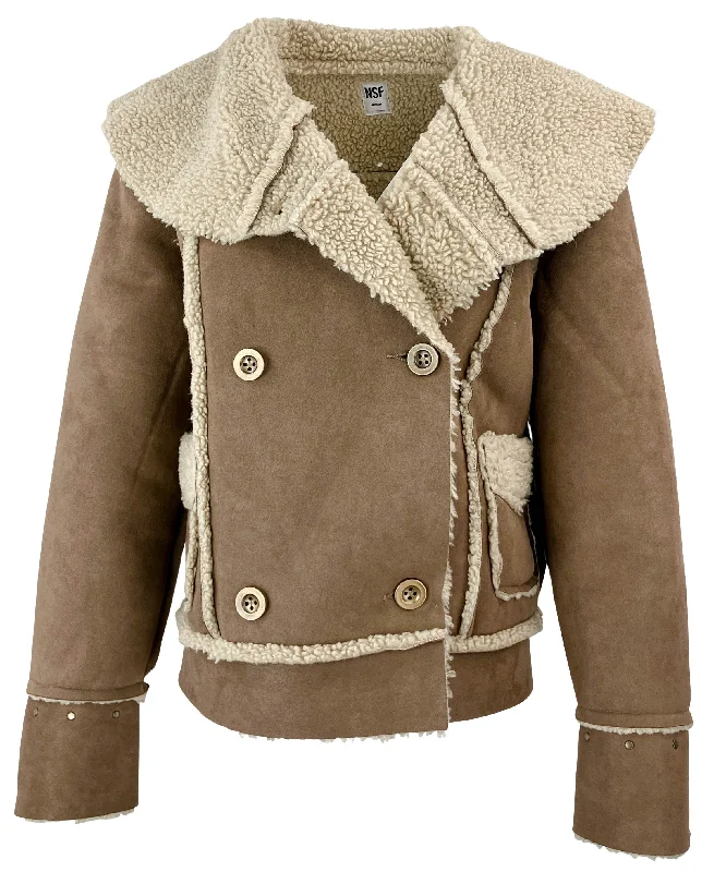 urban style cropped puffer jacket -NSF Faux Suede/Sherpa Jacket in Brown