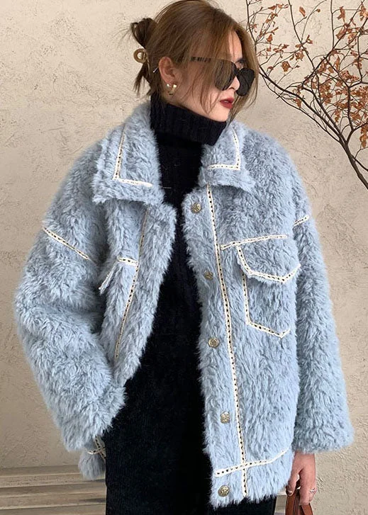 ladies' faux suede jacket -French Blue Button Faux Fur Winter Casual Coat