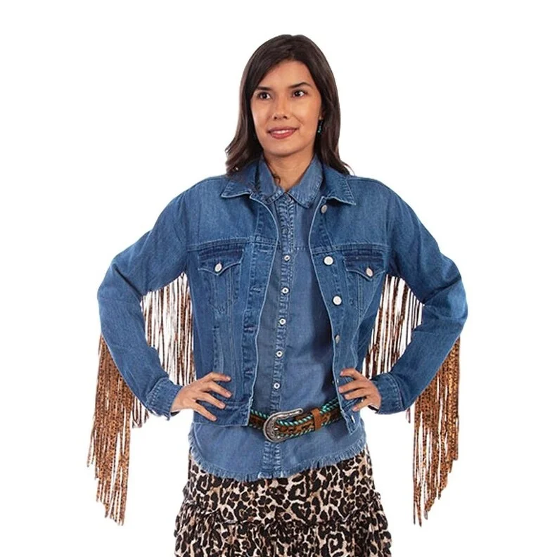 women's oversized corduroy jacket -Scully Western Jacket Womens Jean Button Leopard Fringe Denim F0_HC647