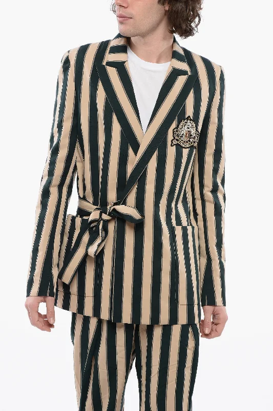 lightweight packable jacket for women -Balmain Blanced Stripe Viscose Blend Blazer With Wrap Design