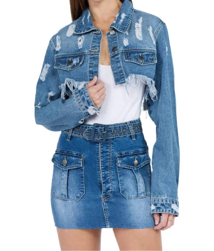 cozy oversized wrap coat for women -Chic Cropped Distressed Denim Jacket In Blue