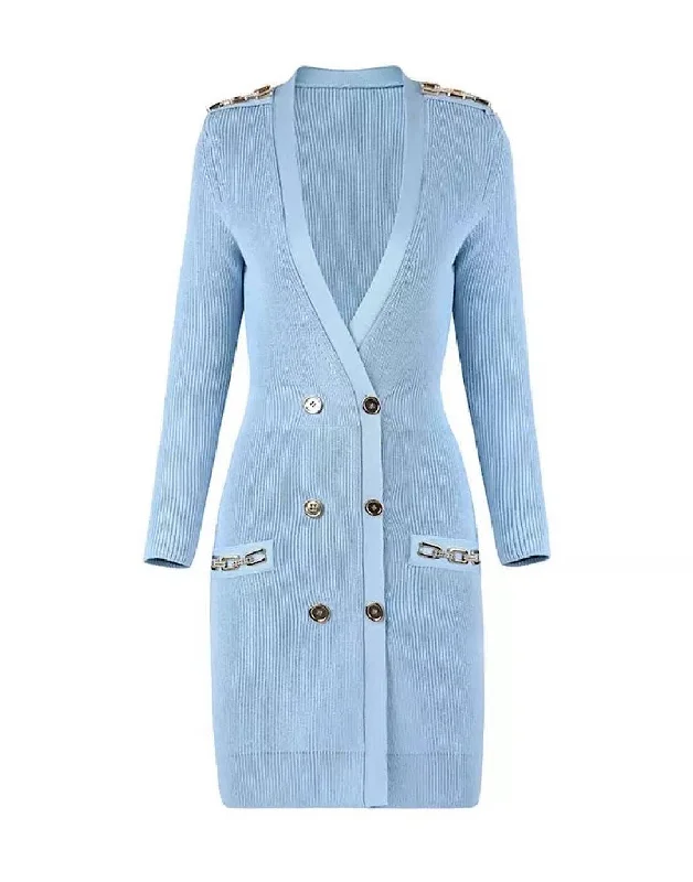 women's belted trench coat -Light Blue Gold Button Chain Knitted Cardigan Dress