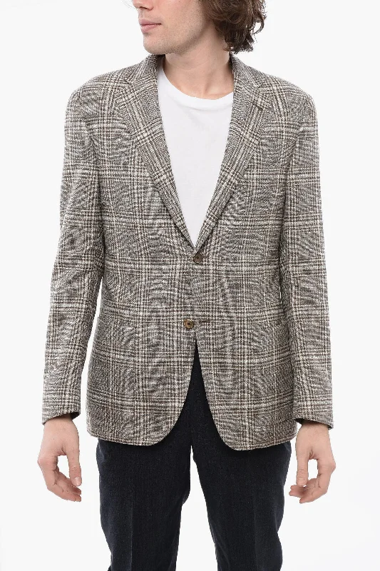 women's asymmetrical zip jacket -Corneliani Blended Linen Blazer With Check Motif