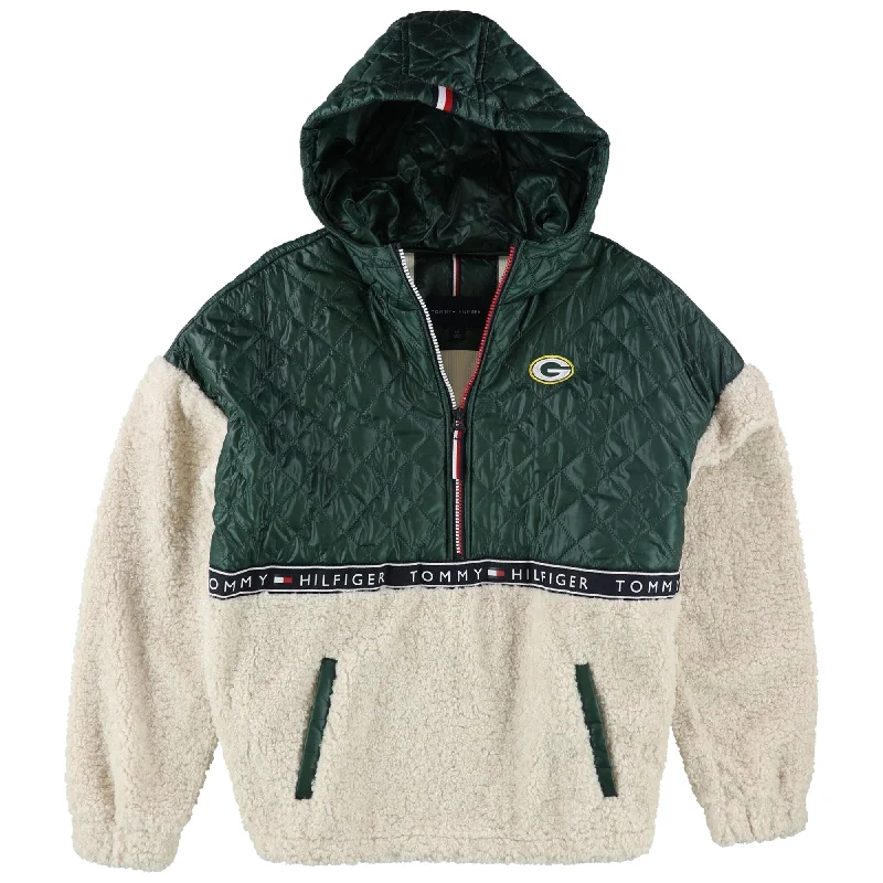 casual zip-up hoodie jacket for women -Tommy Hilfiger Womens Green Bay Packers Quilted Jacket, Green, Small