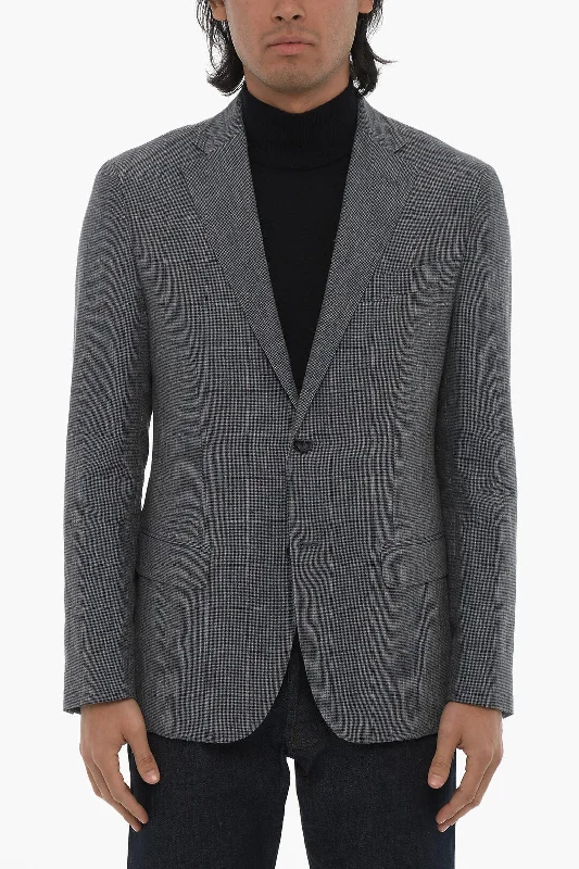 women's cropped bomber jacket -Corneliani Cc Collection Linen Blend Right Blazer With Houndstooth Patt