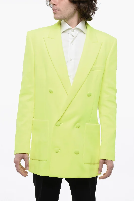 stylish leather jacket for women -Balmain Double-Breasted Neon Blazer With Patch Pockets