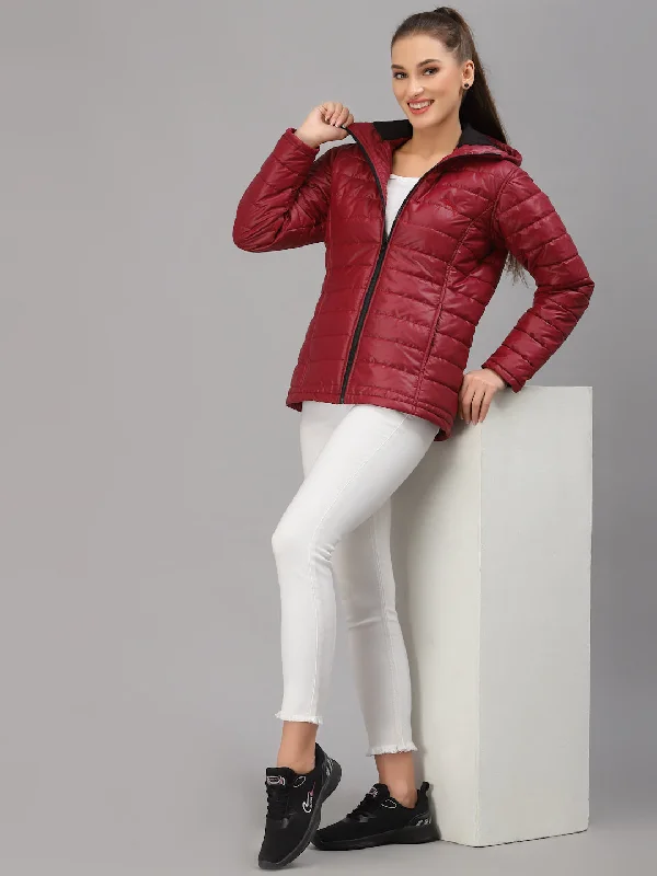 ladies' designer overcoat -JUMP USA Women Maroon Solid Active Wear Jacket With Hood