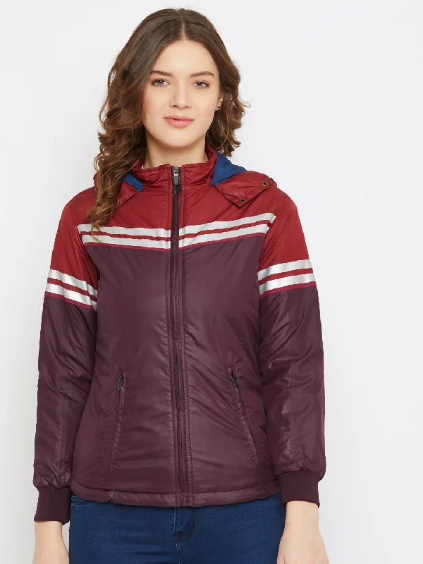 women's lightweight cargo jacket -JUMP USA Women Maroon Colourblocked Bomber Jacket