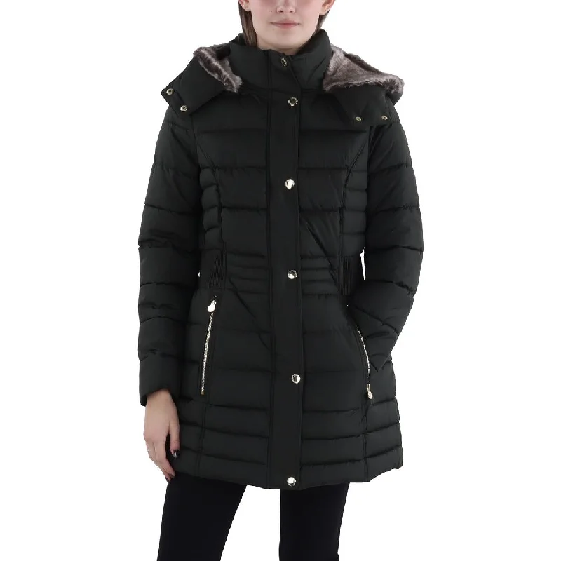 ladies' waterfall drape coat -Womens Faux Fur Trim Hooded Puffer Jacket