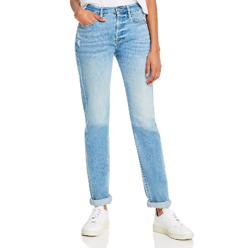 relaxed-fit denim jeans for women -Le Beau Womens Denim Destroyed Boyfriend Jeans