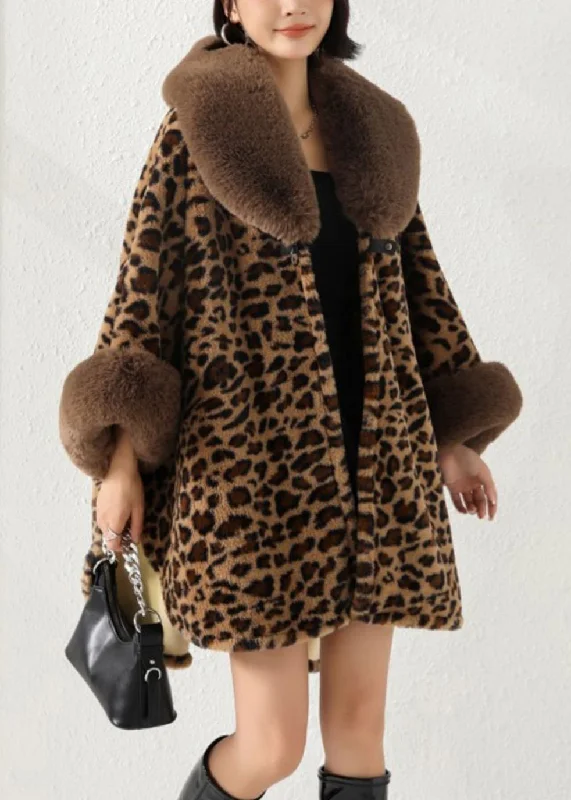 women's fur-trimmed parka -Loose Leopard Fur Collar Side Open Patchwork Warm Fleece Coat Fall