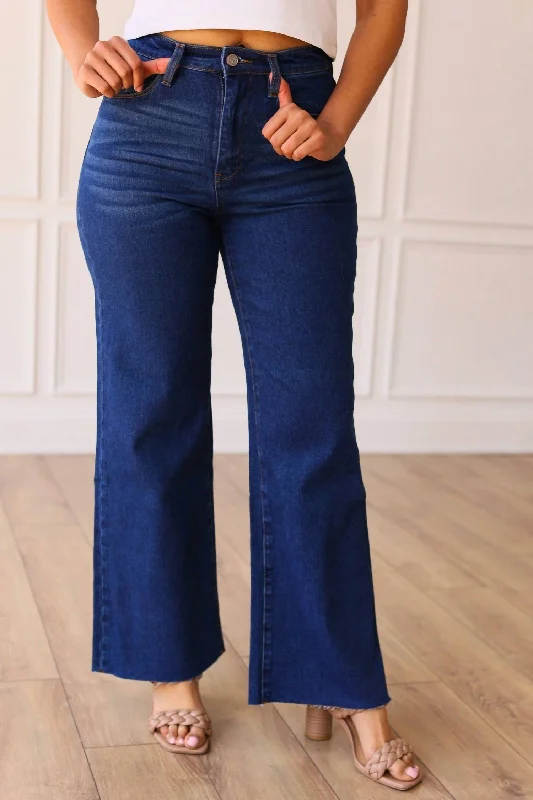 women's cuffed skinny jeans -The Dakota High Rise Wide Leg With Fray Hem Denim In True Blue