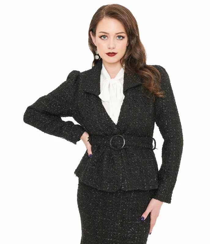 oversized women's coat -Unique Vintage 1940s Black Lurex Tweed Belted Jacket