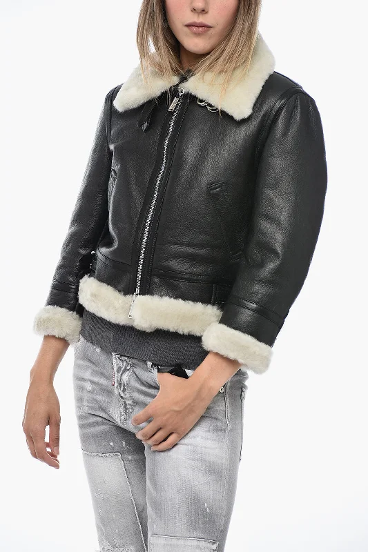 sleek minimalist coat for women -Dsquared2 Leather Jacket with Shearling Detailing