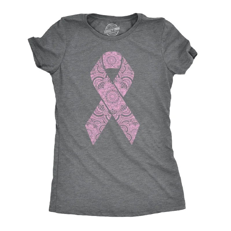 cozy ribbed sweater top for ladies -Floral Breast Cancer Ribbon Women's T Shirt