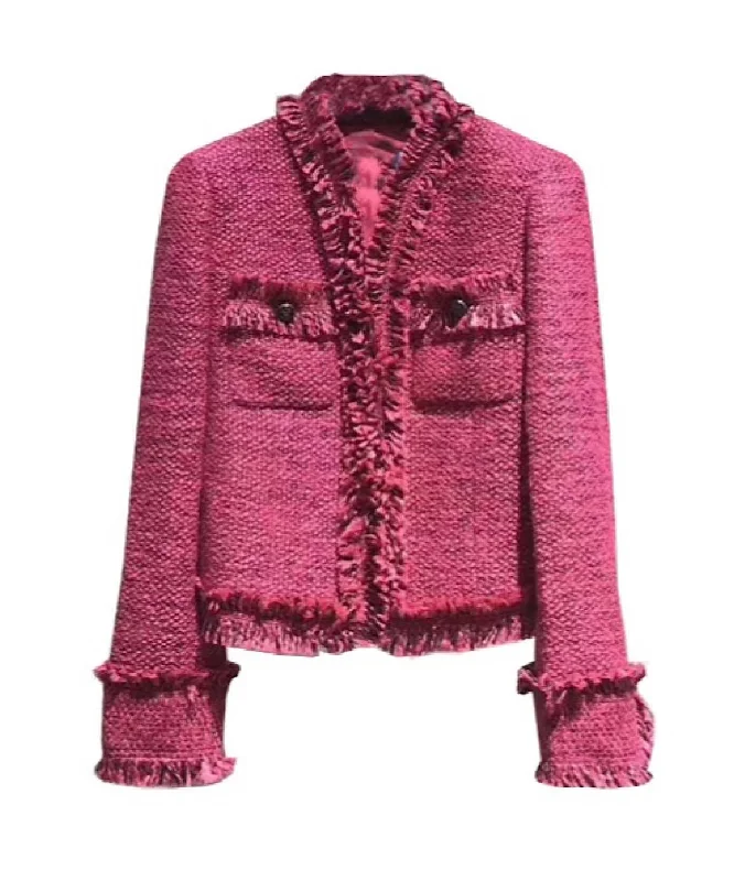 elegant wool cape for women -Pink Lightweight Tweed Blazer With Raw Edges