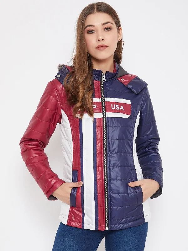 women's sherpa-lined jacket -JUMP USA Women Navy Blue Solid Lightweight Hooded Parka Jacket