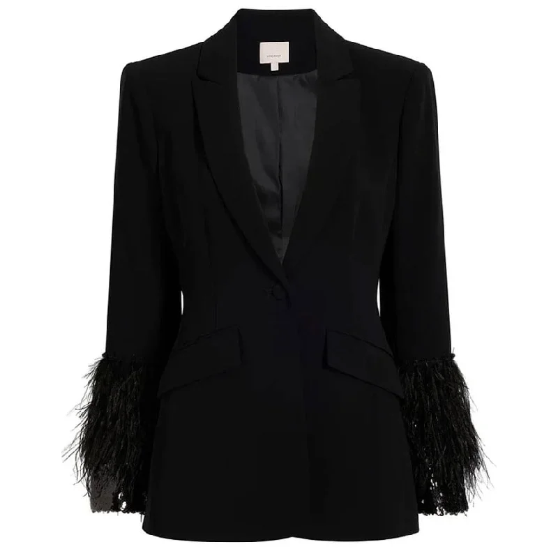 women's reversible coat -Cinq a Sept Women's Cheyenne Sequin and Feather Trim Blazer Jacket Black