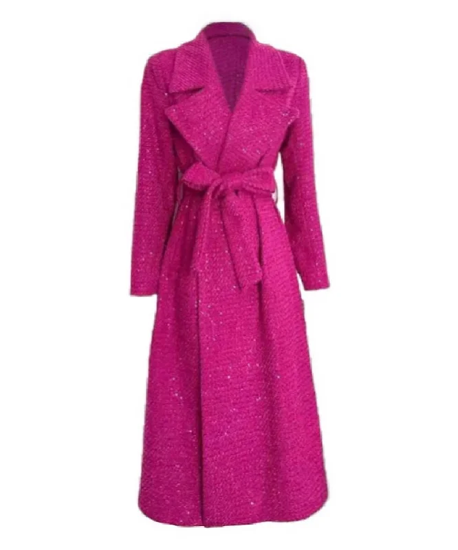 classic camel coat for ladies -Woolen Tweed Sequin Long Lapel Midi Coat