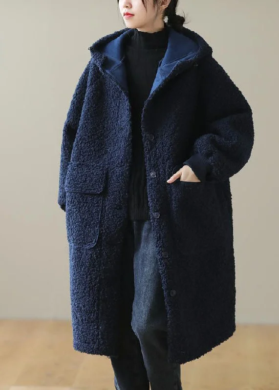 women's elegant cape coat -Women Blue Hooded Button Faux Fur Winter Coat