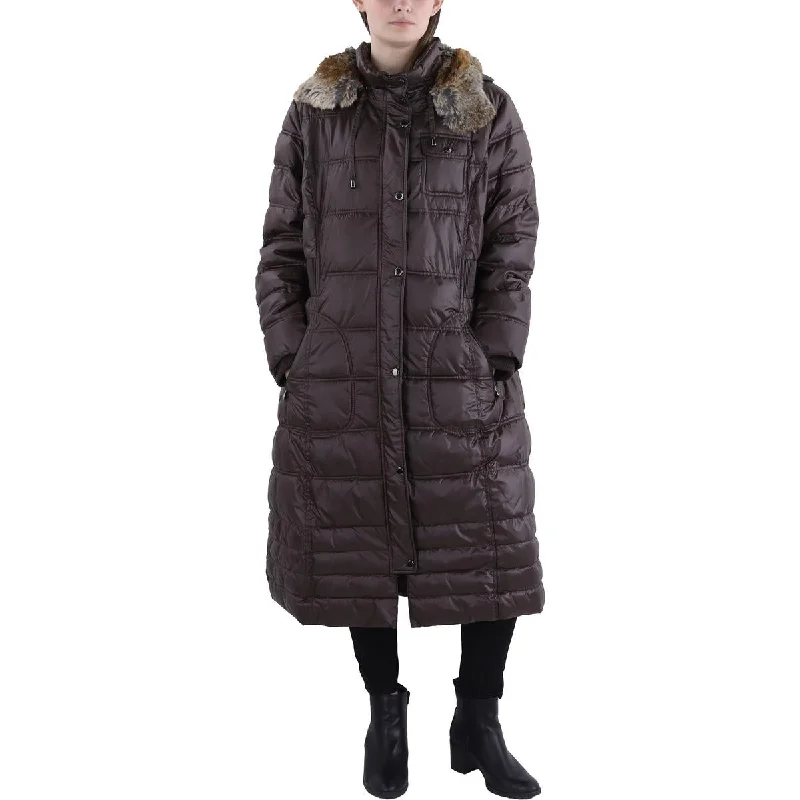 women's teddy bear coat -Plus Womens Faux Fur Trim Hooded Quilted Coat