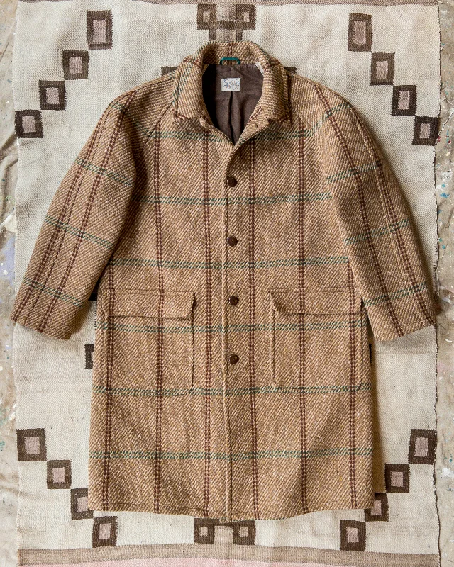 ladies' designer overcoat -Raglan Wool Overcoat - Rust and Evergreen Windowpane