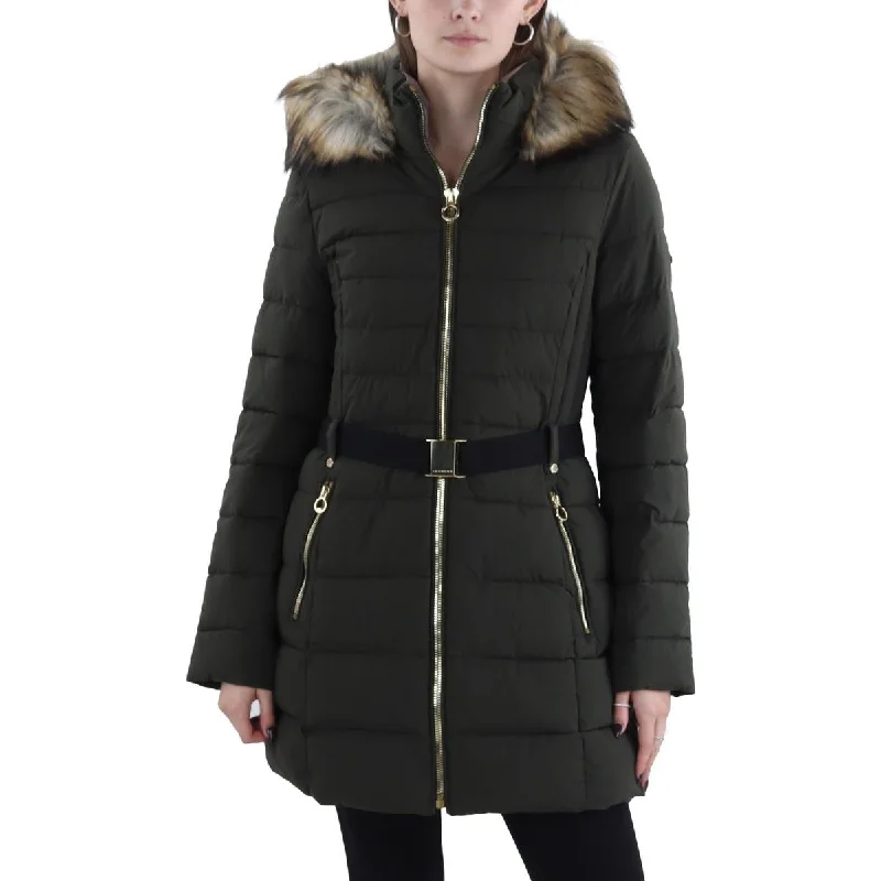 women's elegant cape coat -Womens Faux Fur Trim Hooded Puffer Jacket