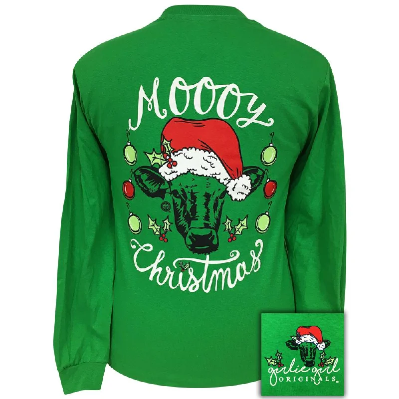 ladies' boyfriend-style shirt -Moooy Christmas-Irish Green LS-1969