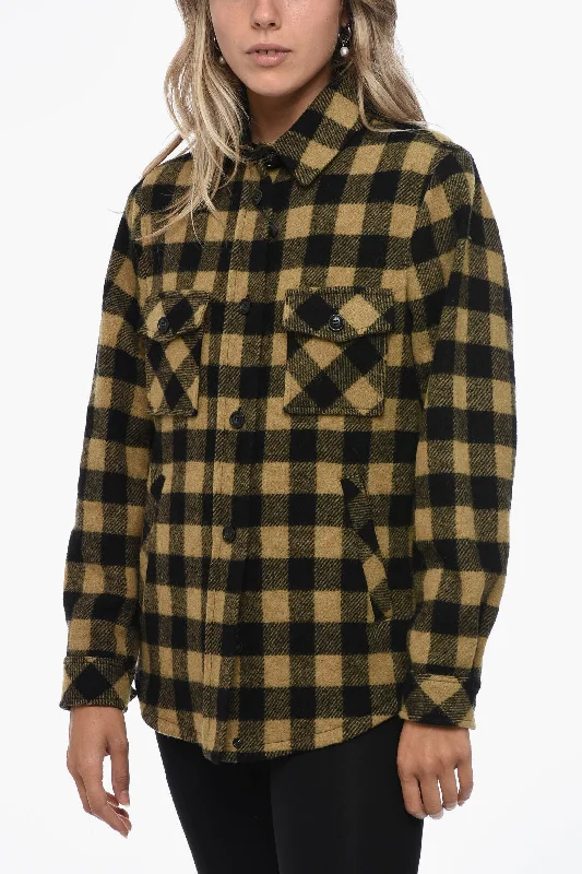 luxury designer winter coat for women -Woolrich Gingham Check Wool Blend Overshirt