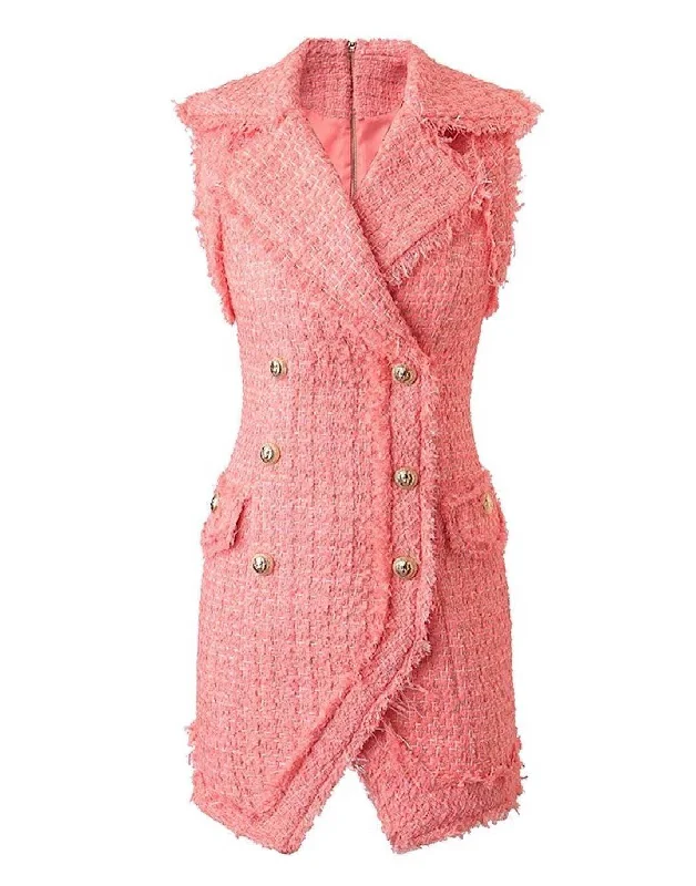 ladies' cashmere overcoat -Coral Red Tweed Sleeveless Dress