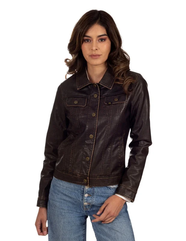 trendy plaid coat for women -Lee Women's Leatherette Jean Jacket