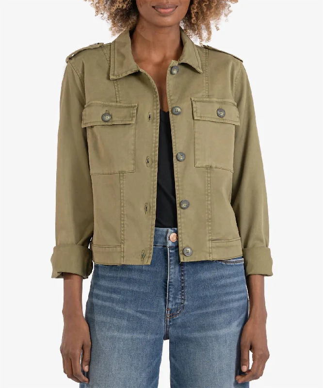 women's fur-trimmed parka -Rosalyn Twill Trucker Jacket In Olive